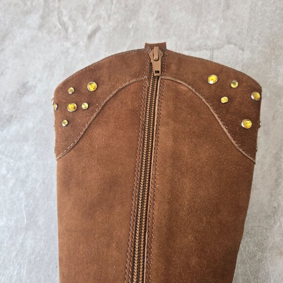 Steven Western Boots 7 Brown Suede Studded Harness Cowgirl Pointed Toe Knee high - Picture 12 of 15